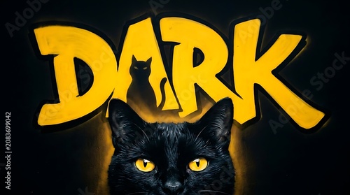 Black cat with yellow eyes peeking close up with yellow dark typography on black background