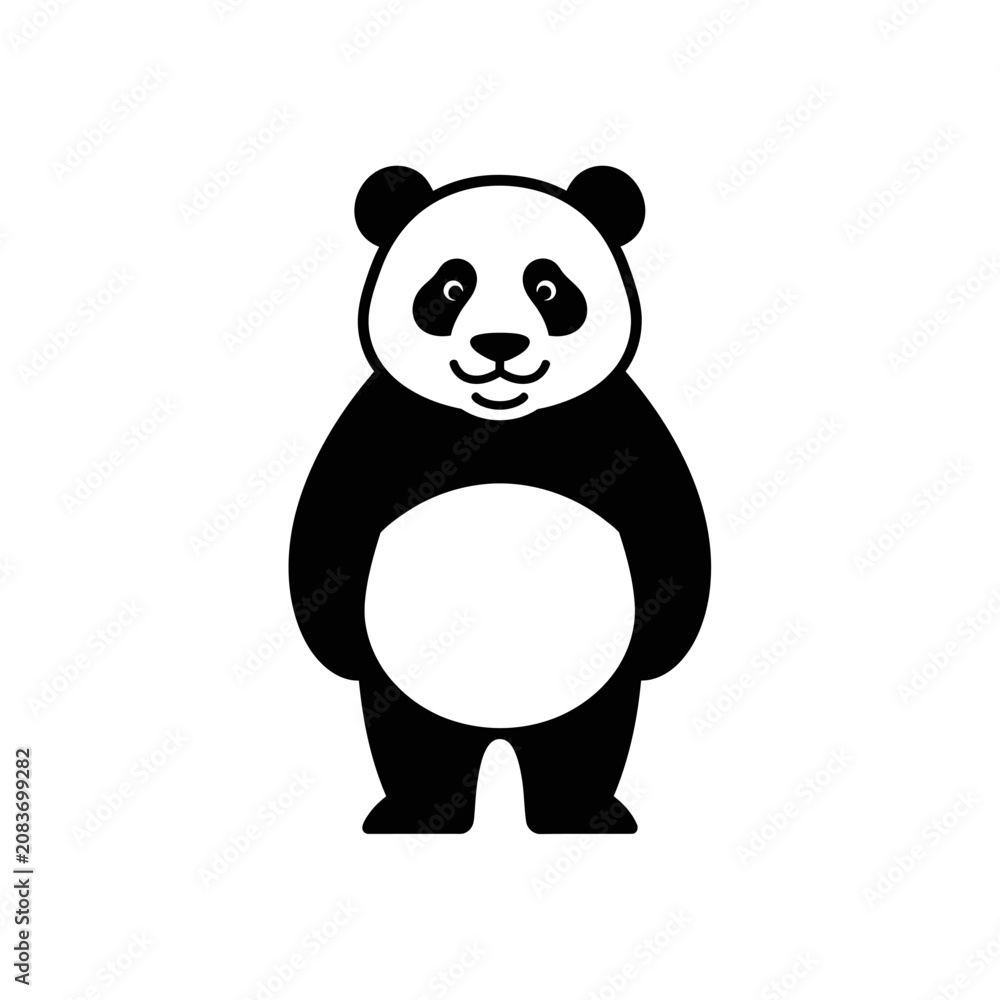 Obraz premium Cute cartoon panda illustration, standing black and white bear icon with a friendly smile, perfect for children's designs, animal mascots, and wildlife themes.