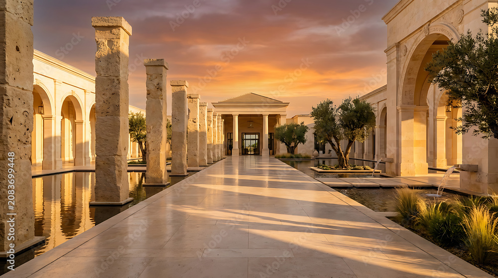 Fototapeta premium Elegant stone colonnade walkway leading to a grand luxury villa courtyard illuminated by the warm golden glow of a vibrant sunset sky during early evening hours