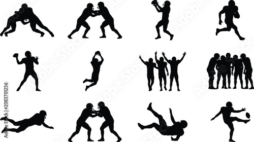 Tableau sur toile American Football Players Silhouettes Set with Athletes Catching Passing Tacklin