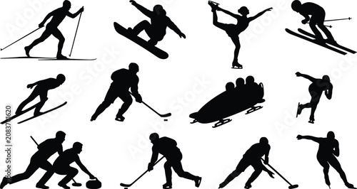 Tableau sur toile Winter Sports Silhouettes Set Featuring Skiing Snowboarding Ice Hockey Figure Sk