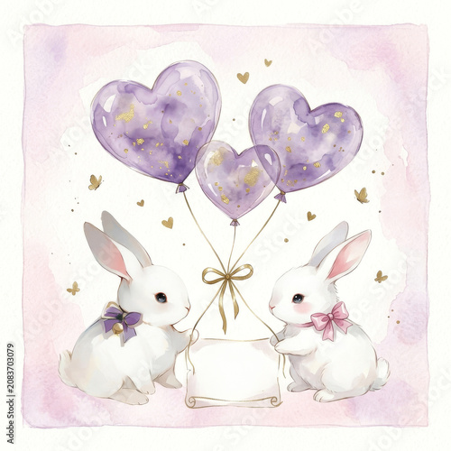 watercolor illustration of two white bunnies holding purple heart-shaped balloons with golden accents and a Valentine's Day greeting card. Romantic pastel composition with butterflies, hearts, 