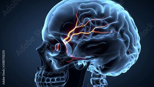 Dramatic Medical Visualization of a Translucent Human Skull Highlighting Eye and Brain Anatomy with Vascular Pathways in 4K