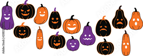 Cuadro en lienzo Halloween pumpkins and gourds with smiling and scary faces