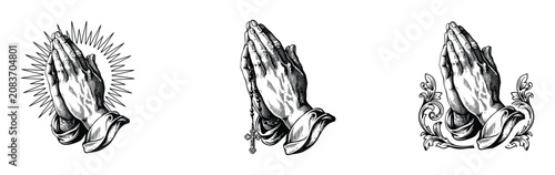 Foto Set of vintage style woodcut illustrations featuring praying hands with differen