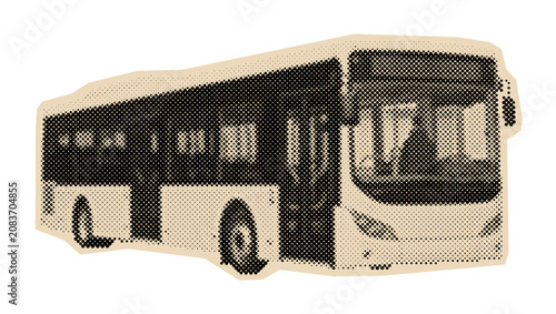 Modern city bus used for public transportation and commuting, rendered as a vintage monochrome halftone dot illustration