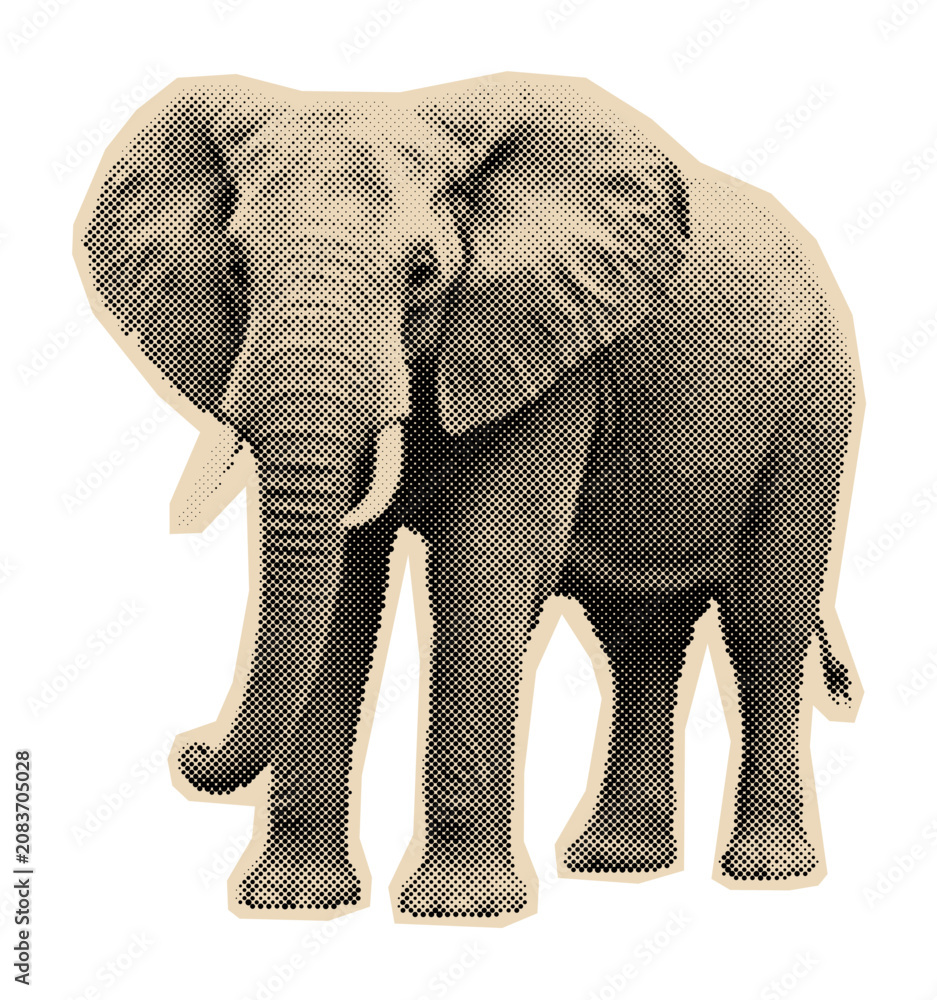 Obraz premium African elephant with tusks and large ears, a majestic wild animal illustration in a vintage monochrome halftone or engraving pop art style