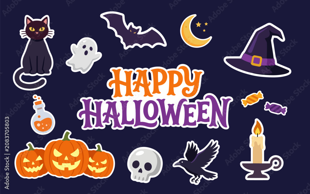 Fototapeta premium Halloween colorful vector graphic with happy halloween text and spooky icons
