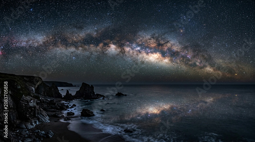 Milky Way reflected over rugged ocean coastline at night