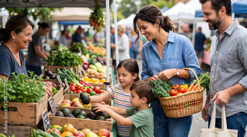 Family shopping for fresh produce at outdoor farmers market