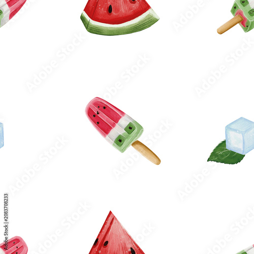 Canvas Print Summer pattern which includes watermelon, watermelon ice-cream, mint and ice made in Procreate in Watercolour technique