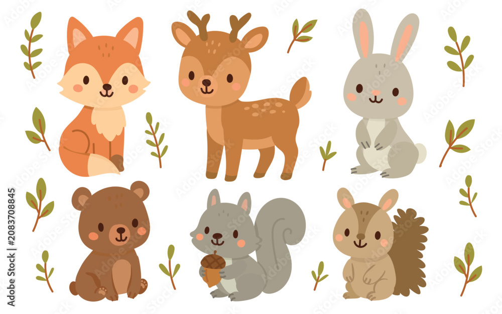 Fototapeta premium Forest animal cartoon with cute vector nature and bear illustration set. Bird baby isolated with woodland forest flat and design fox deer. Rabbit fox forest with animals squirrel cute