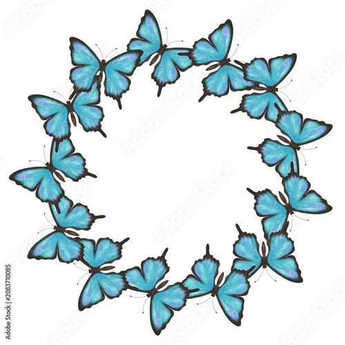 Elegant blue butterfly wreath forming a delicate circular frame on a clean white background. Decorative nature border with copy space for greeting cards, invitations and seasonal designs
