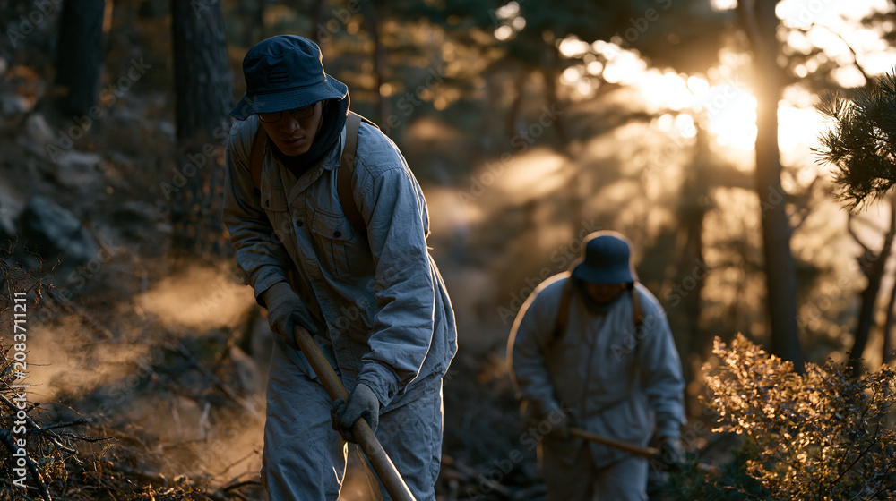 Fototapeta premium Korean wilderness trail maintenance crew uses hand tools to clear fallen October branches from a mountain footpath at golden hour, steam rising from the damp forest floor as