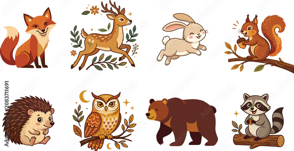 Naklejka premium Cute Woodland Forest Animals Collection Featuring Fox Deer Rabbit Squirrel Hedgehog Owl Bear and Raccoon Vector Illustration