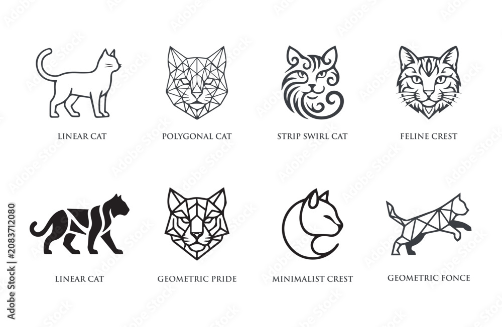 Naklejka premium Modern Cat Logo Collection with Minimalist, Polygonal, Geometric and Line Art Vector Icons