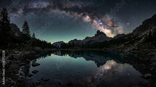Milky way reflects in a serene alpine lake surrounded by mountains