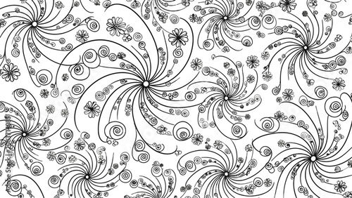 Energetic Black and White Radiating Swirls and Flowers Seamless Pattern, Decorative Background.