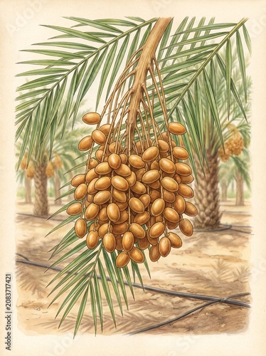 Healthy Date Palm Fruit Cluster – Scientific Botanical Illustration