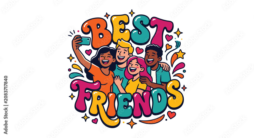 Fototapeta premium Group Of Friends Illustration With Colorful Typography And Decorative Elements