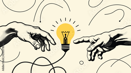 Creative inspiration concept with hands reaching toward a glowing lightbulb inspiration innovation creativity thinking