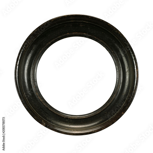 Worn antique circular wooden frame with distressed dark finish. Isolated on transparent background PNG