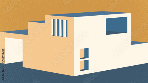 3d architecture retro colorful design. Perspective view of a building with windows. Abstract geometric construction vector.
