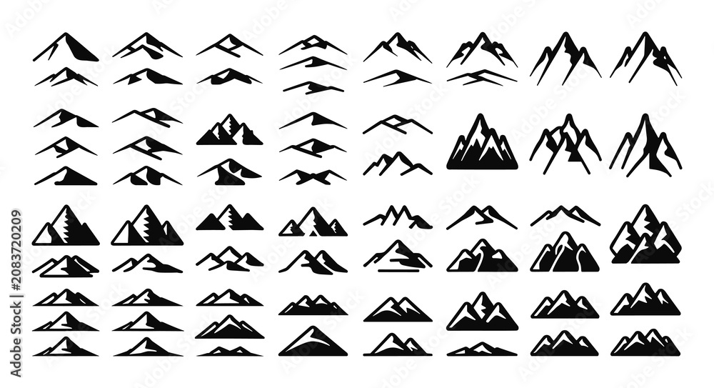 Fototapeta premium Set of black and white mountain icons and symbols for outdoor adventure and hiking graphic design projects with mountain, adventure