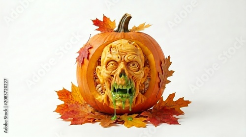 A carved pumpkin with a detailed zombie face sculpture surrounded by autumn leaves. Halloween Theme