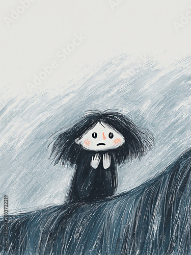 Sad young girl with dark hair looking up in stormy weather