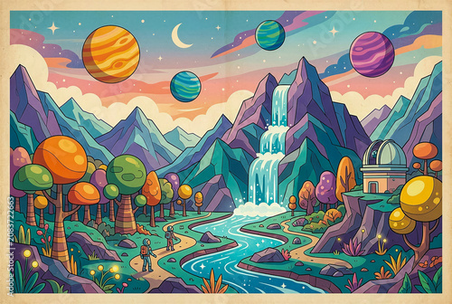Retro Futuristic Extraterrestrial Landscape with Stylized Mountains Waterfalls and Colorful Planets