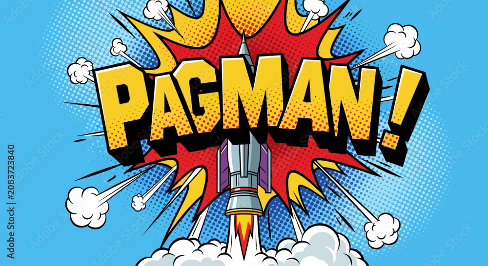 Fototapeta premium Retro Pop Art Rocket Launch with Pagman Comic Text