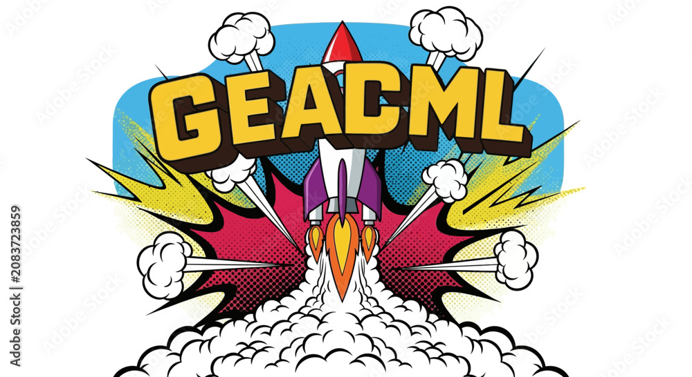 Fototapeta premium Rocket Launch Pop Art Illustration with GEACML Text