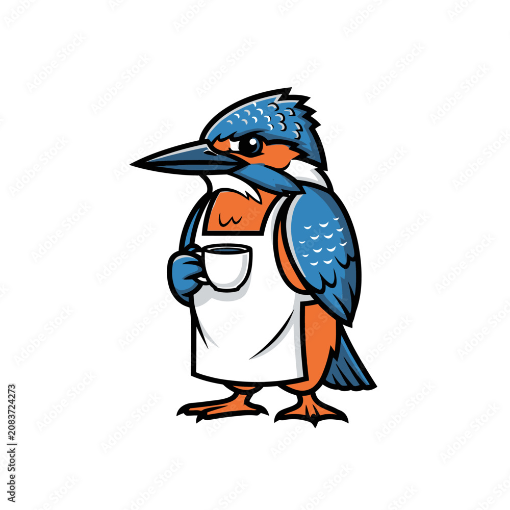 Obraz premium Cute cartoon kingfisher bird mascot wearing a barista apron and holding a coffee cup, ideal for coffee shop branding, cafe logo, or beverage-related designs.