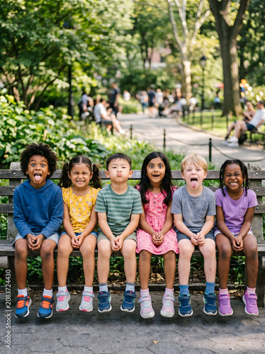 diverse group of happy children sitting on park bench