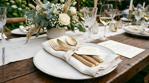 Elegant wedding table setting with eco friendly wooden cutlery