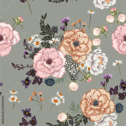 Fashion floral seamless vector fabric pattern with field flowers on olive bac...