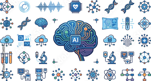 Photography Artificial intelligence healthcare and biotechnology vector icons set featuring