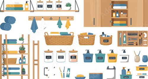 Schilderij op canvas Bathroom organization and storage vector icon set with shelves cabinets and bask