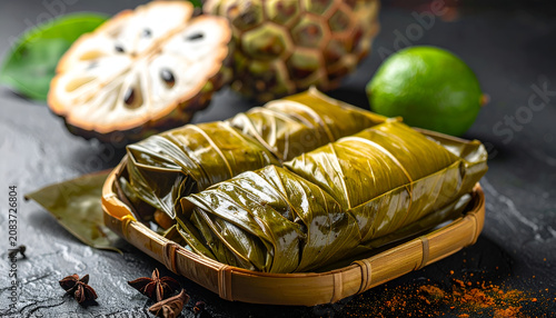Exotic Tropical Fruit Dessert Wrapped in Banana Leaves.