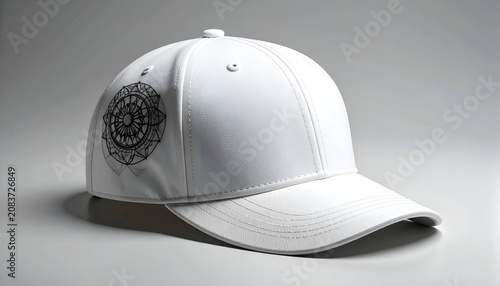 Plain White Baseball Cap with Intricate Emblem Detail.