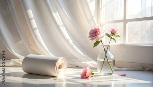 Soft Pink Roses and Lint Roller by a Sunlit Window.