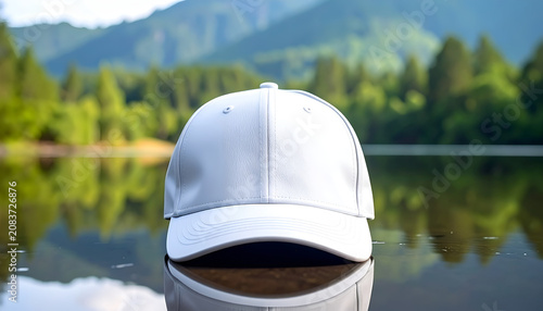 White Baseball Cap Resting on Water Surface with Mountain Backdrop.