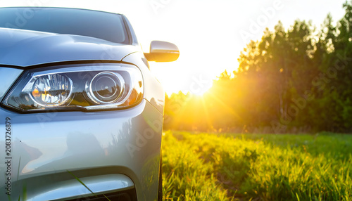 Close-up of a Silver Car Headlight at Sunset in a Grassy Field.