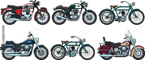 Foto Classic and vintage motorcycle vector illustration set featuring retro cruisers
