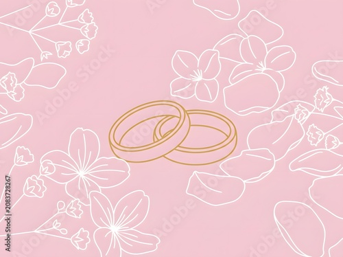 Elegant Gold Wedding Rings on Pink Floral Background Illustration