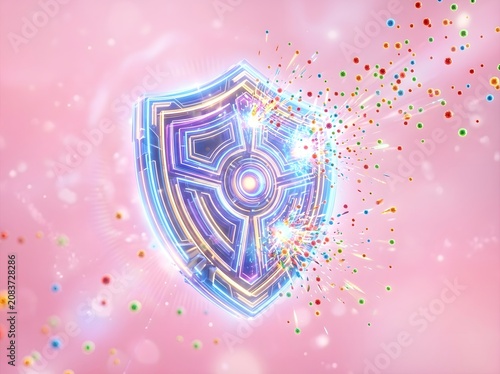 Glowing futuristic shield with particles explosion and bokeh background