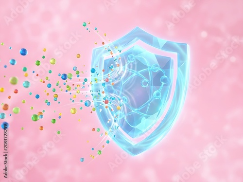 Abstract Digital Shield Protecting Against Microscopic Colorful Particles