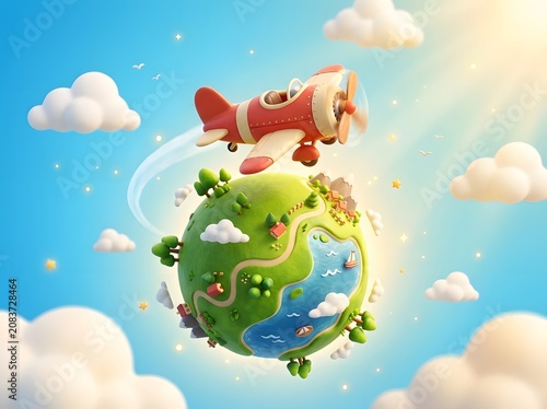 Cute Red Airplane Flying Over a Green Cartoon Earth Globe in Blue Sky