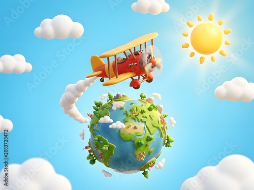 3D Illustration of a Red Biplane Flying Over a Cartoon World Globe